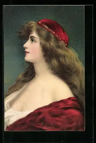 Künstler-AK Angelo Asti: Portrait einer jungen Frau mit alngem Haar und Kopfbedeckung