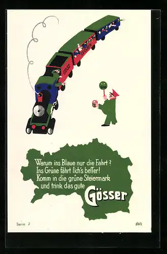 Künstler-AK Eisenbahnzug mit Schaffner - Brauerei-Werbung Gösser