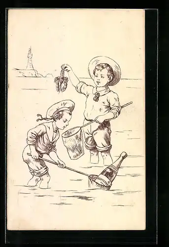 AK Zwei Jungen fischen Krebs und Kupferberg-Weinflasche, Reklame