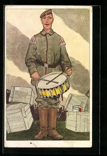 Künstler-AK Leibniz-Kekse in verschiedenen Kisten, Soldat macht Militärmusik auf einer Trommel