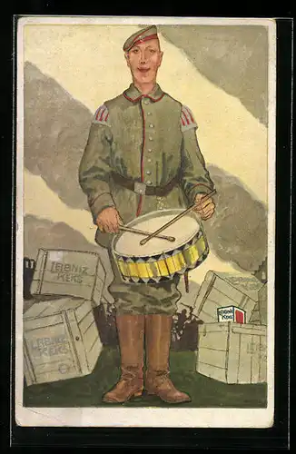 Künstler-AK Soldat eines Musikkorps mit Trommel und Kisten Leibniz-Keksen