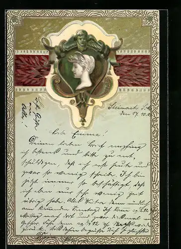 Präge-AK Frauenportrait mit Ornament im Jugendstil