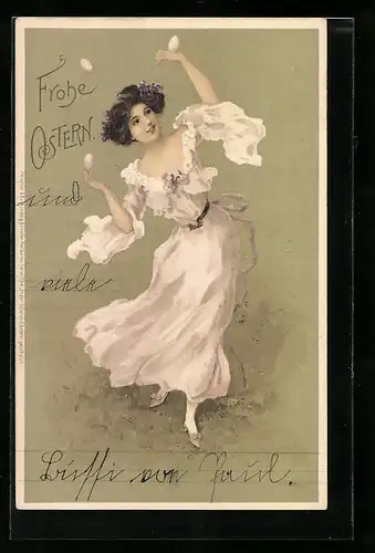 Künstler-AK M. S. M.: tanzendes Fräulein balanciert Ostereier auf den Händen