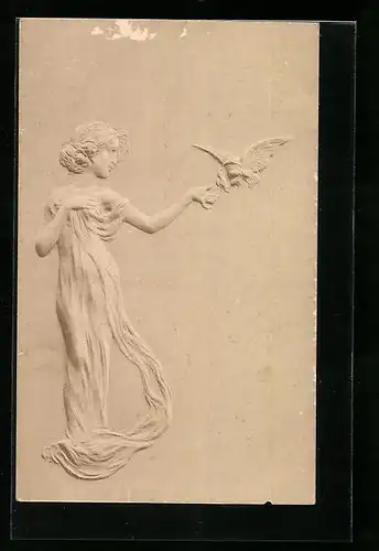 AK Junge Frau mit einem Vogel im Jugendstil