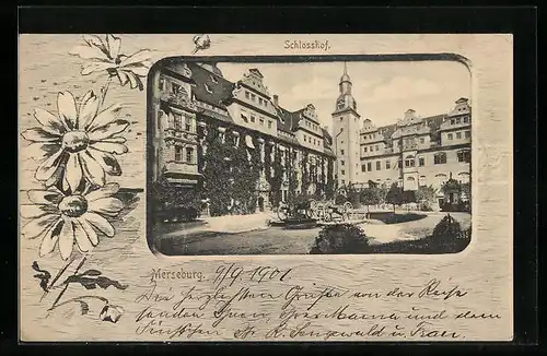 Passepartout-AK Merseburg, Der Schlosshof, Blumen