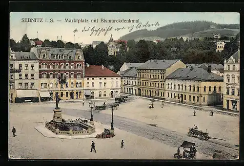 AK Sebnitz i. S., Marktplatz mit Bismarckdenkmal aus der Vogelschau