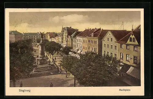 AK Siegburg, Marktplatz mit Denkmal, von oben gesehen
