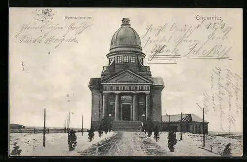 AK Chemnitz, Krematorium mit Zufahrt im Winter