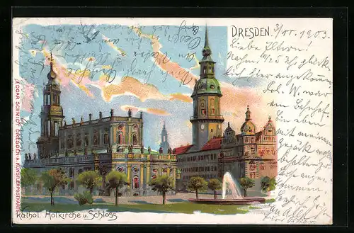 Lithographie Dresden, Kathol. Hofkirche u. Schloss