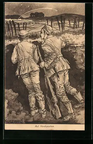 Künstler-AK sign. Kurzweg: Soldaten auf nächtlicher Wacht am Horchposten