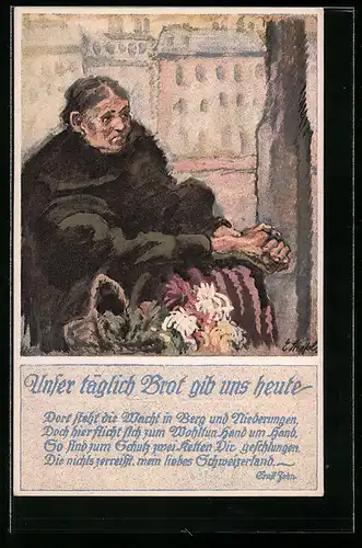 AK Zürich, Blumenfrau wartet auf Kundschaft, Kriegsnotunterstützung der Stadt Zürich