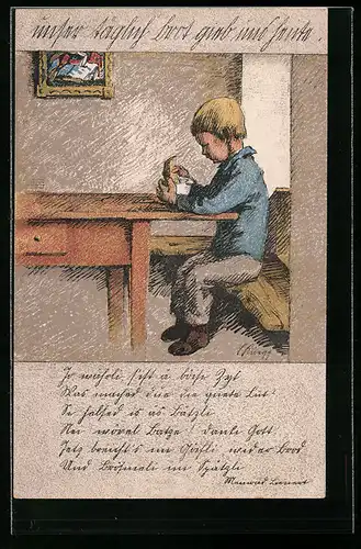 Künstler-AK Zürich, Kriegsnotunterstützung, Junge beim Essen am Tisch