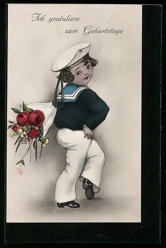 AK Kleiner Marinesoldat mit Blumenstrauss