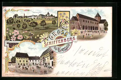 Lithographie Giessen, Partie am Schiffenberg, Innerer Hof, Kapelle, Panorama