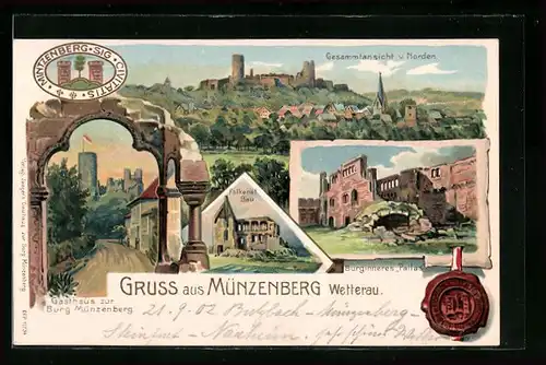 Lithographie Münzenberg / Wetterau, Gasthaus z. Burg, Burginneres Pallas, Gesamtansicht v. Norden