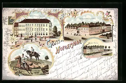 Lithographie Hofgeismar, Hotel Hessischer Hof, Kaserne der 5. Escadron
