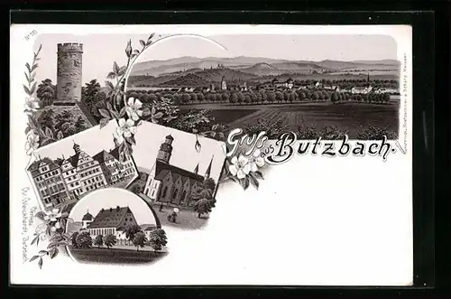 Lithographie Butzbach, Kirche, Turm, Häuserzeile, Ortsansicht