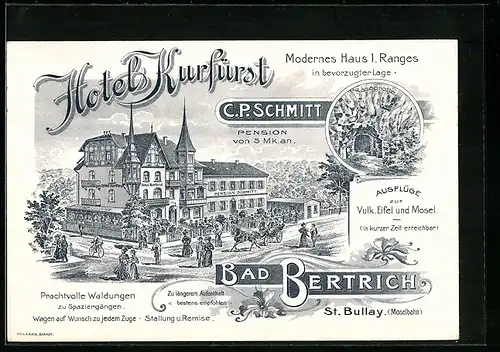 Künstler-AK Bad Bertrich-St. Bullay /Moselbahn, Hotel Kurfürst von C. P. Schmitt