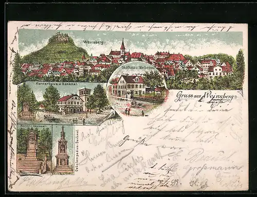 Lithographie Weinsberg, Gasthaus z. Weibertreu, Kernerhaus und Denkmal