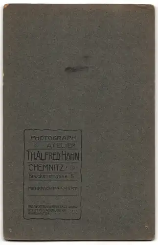 Fotografie Th. Alfred Hahn, Chemnitz, Brückenstrasse 5, Junger Herr mit Mittelscheitel in einem samtbesetzten Jacket