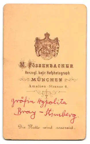 Fotografie M. Pössenbacher, München, Portrait Gräfin Hippolyta Sophia Marie von Bray-Steinberg