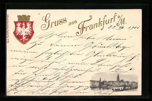 AK Frankfurt a. M., Ortsansicht mit Wappen