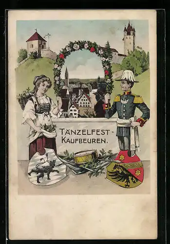 AK Kaufbeuren, Tänzelfest, Soldat, Wappen, Teilansicht vom Ort