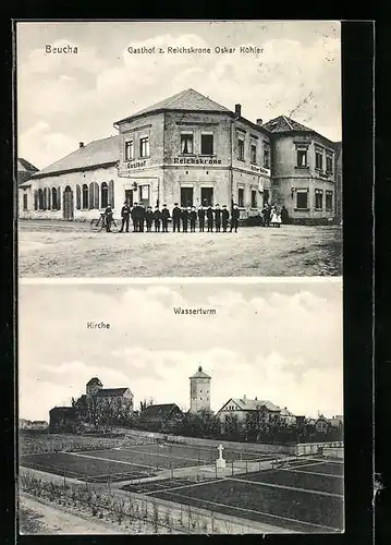 AK Beucha, Gasthof zur Reichskrone, Kirche und Wasserturm