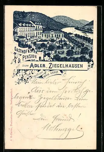 Lithographie Ziegelhausen, Gasthof zum Adler von H. Knauf