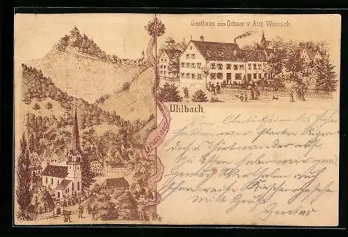 Lithographie Uhlbach, Gasthaus zum Ochsen von A. Wünsch, Ortsansicht