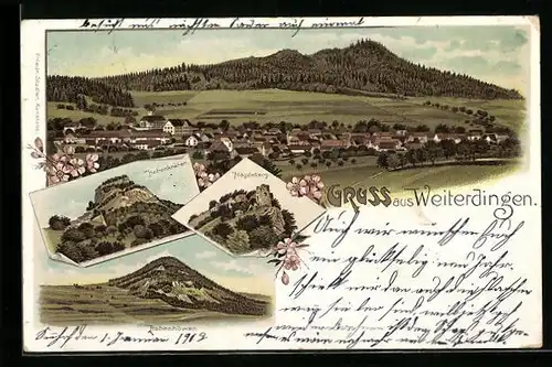 Lithographie Weiterdingen, Ortsansicht, Mägdeberg, Hohenkrähen