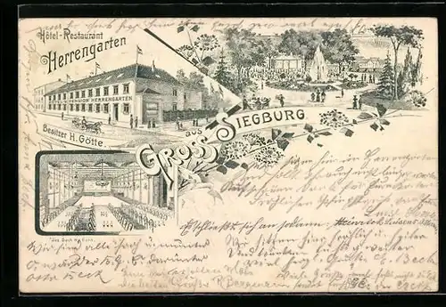 Lithographie Siegburg, Hotel-Restaurant Herrengarten von H. Götte