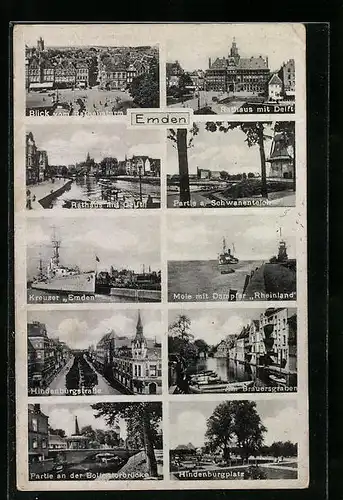 AK Emden, Rathaus mit Delft, Kreuzer Emden, Hindenburgstrasse