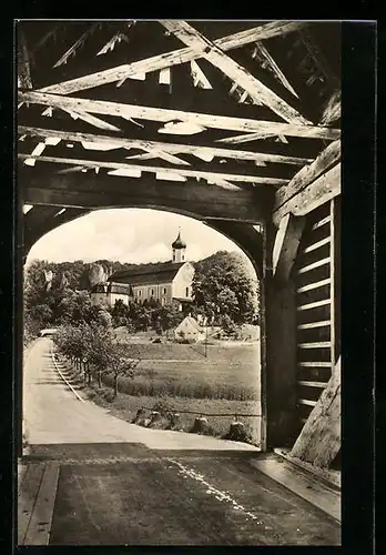 AK Beuron, Holzbrücke mit Blick auf Abteikirche