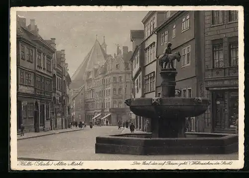 AK Halle /Saale, Alter Markt und Der Esel der auf Rosen geht mit Geschäften