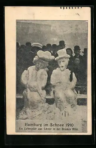 AK Hamburg, Eisplastik, Ein Liebespaar im Schnee in der Brockes Allee, 1910