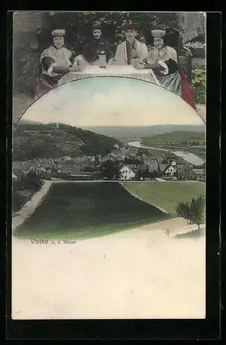 AK Vlotho a. d. Weser, Panorama, Damen in Tracht