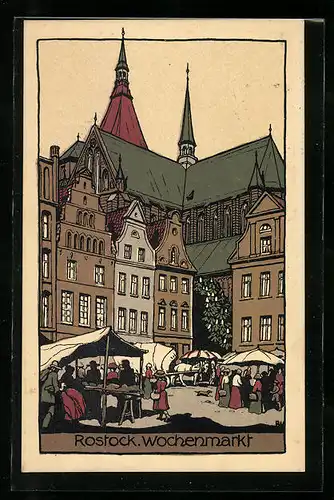 Steindruck-AK Rostock, Wochenmarkt