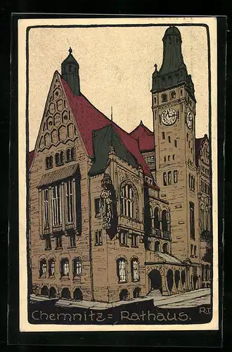Steindruck-AK Chemnitz, Blick zum Rathaus