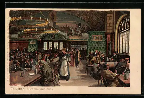 Künstler-Lithographie Paul Hey: München, Saal im Hofbräuhaus, Innenansicht