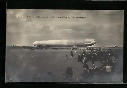 AK Zeppelin SMZI in München 1909, Landung in Oberwiesenfeld