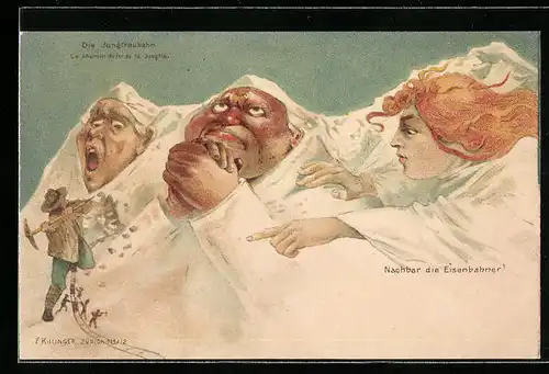 Lithographie Die Jungfraubahn, Killinger Nr. 112, Berg mit Gesicht / Berggesichter