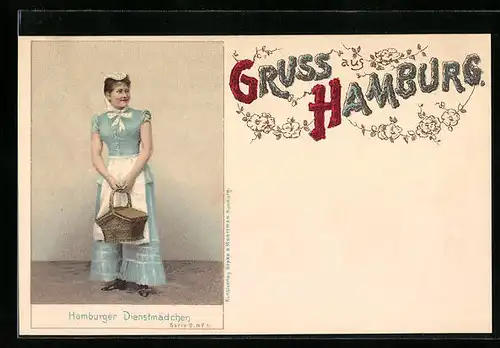 Lithographie Hamburg, Hamburger Dienstmädchen mit Einkaufskorb