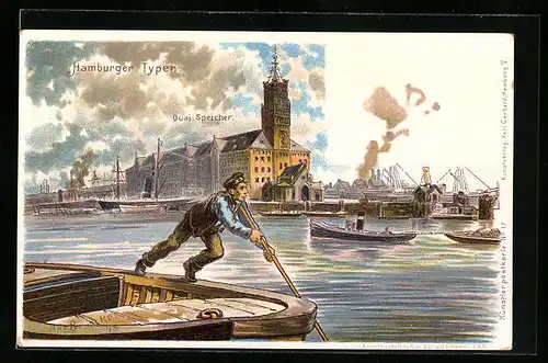 Lithographie Hamburg, Hafenpartie mit Quai-Speicher, Barkasse und Kahnfahrer