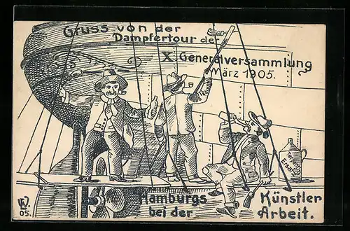 Künstler-AK Hamburg, Dampfertour der X. Generalversammlung 1905, Hamburgs Künstler bei der Arbeit, Karikatur