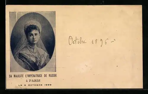 AK Kaiserin von Russland, Portrait, Anlasskarte Besuch in Paris 1896