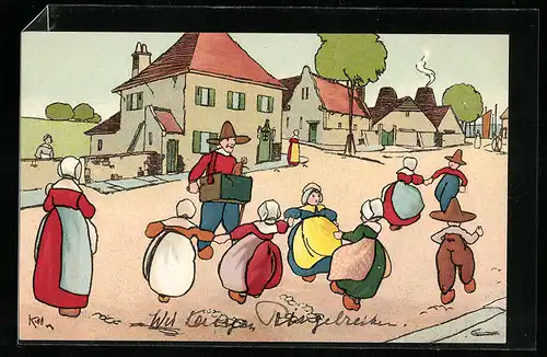 AK Leierkastenmann mit Äffchen und tanzende Kinder auf einer Strasse in Holland