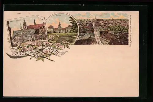 Lithographie Zerbst, Markt mit Rathaus, Schloss, Ortsansicht
