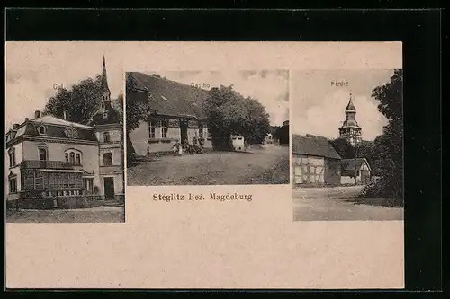 AK Berlin-Steglitz /Bez. Magdeburg, Gasthof, Kirche, Gutshaus