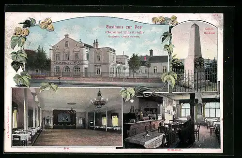 AK Kieritzsch, Gasthaus zur Post, Bahnhof, Luther-Denkmal